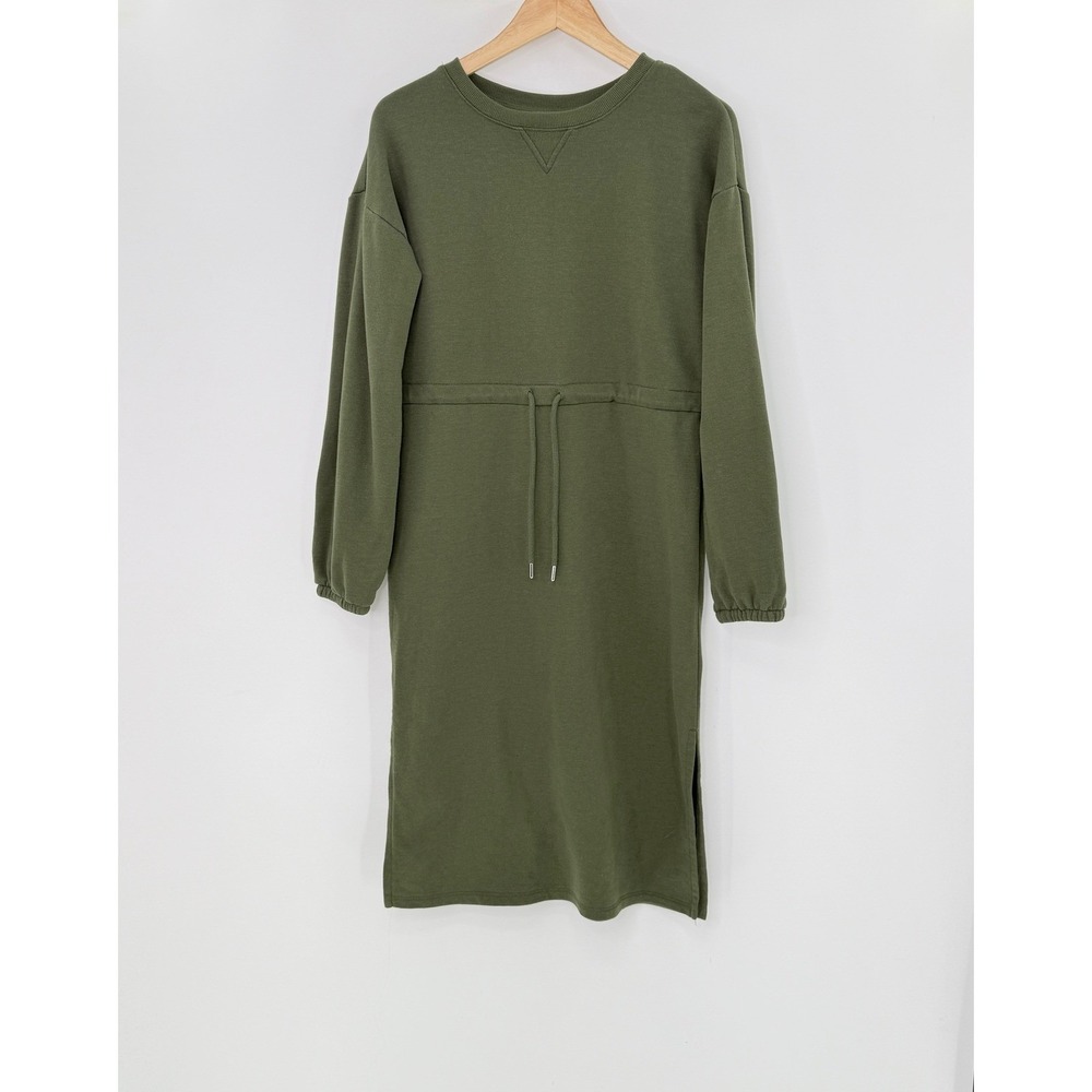 Calson XS Olive Green‎ Drawstring Waist Long Sleeve Midi Sweatshirt Dress